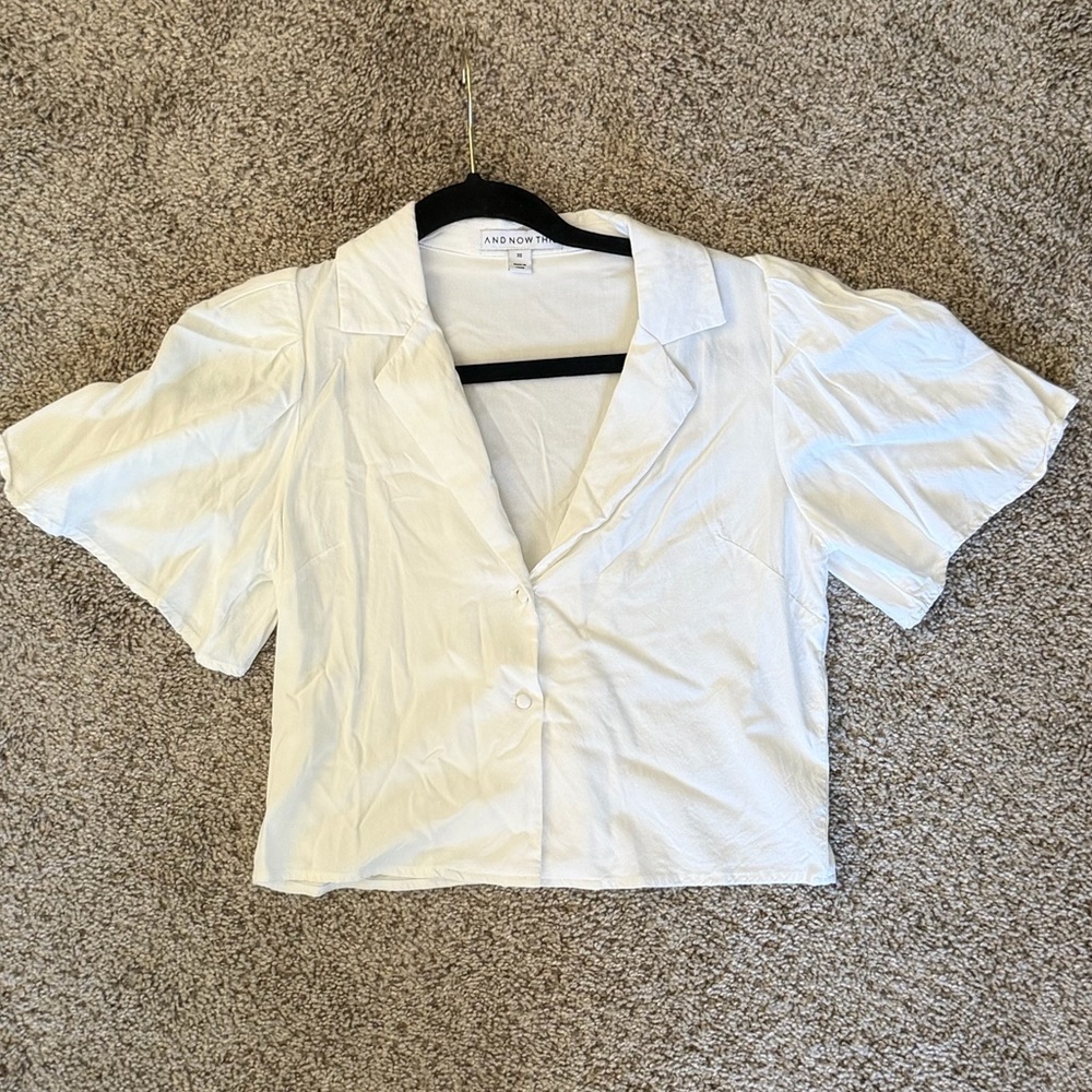 AND NOW THIS White Woman Button Down Shirt Short Sleeve Cropped Poplin Top XS